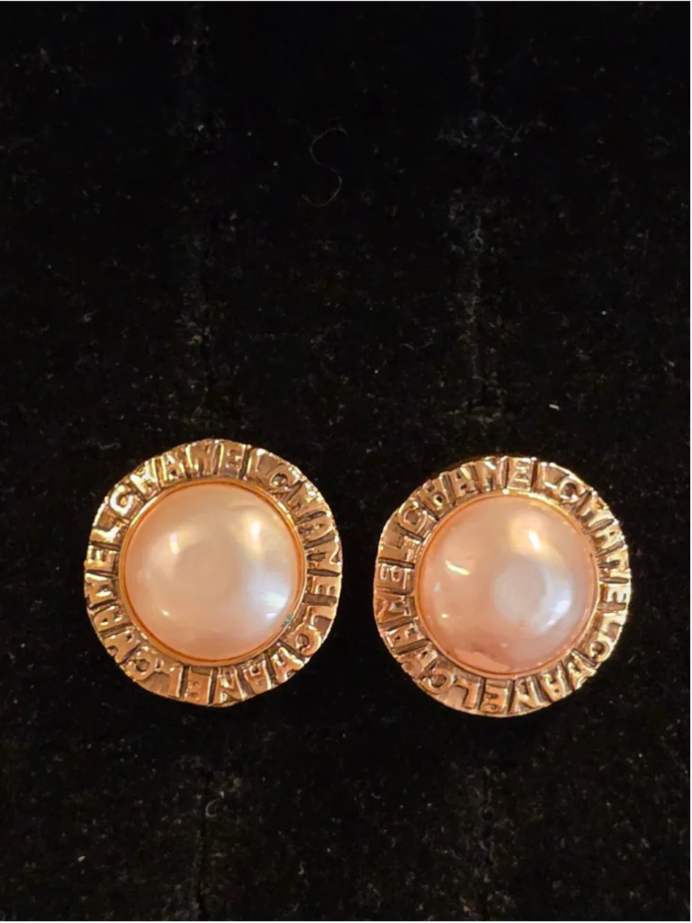 Chanel 24K Gold Plated Spell Out Pearl Clip Earrings 1983 - Picture 2 of 7